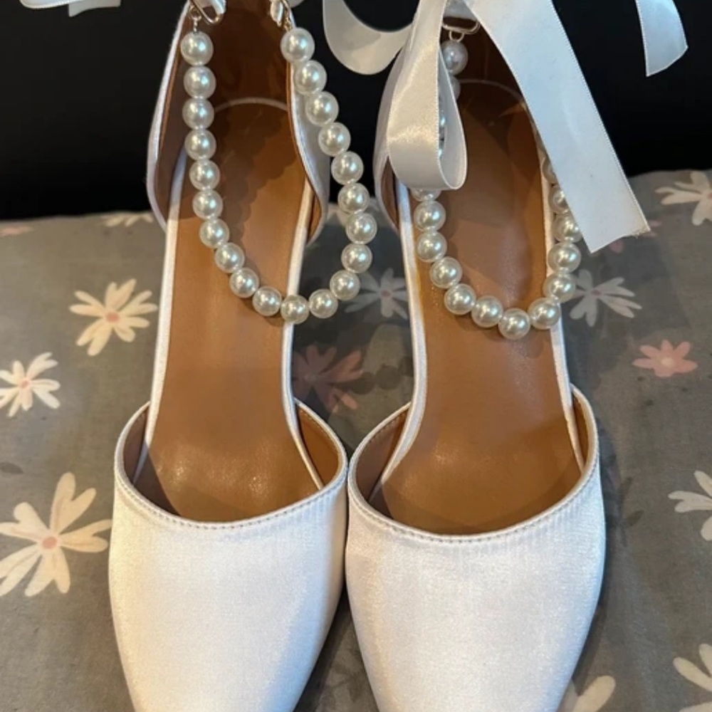 Off-White White Satin Heels with Pearl Embellishments